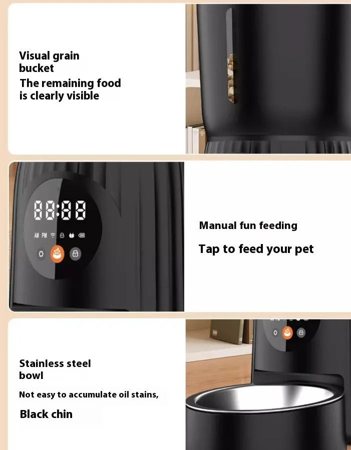Black and white intelligent pet feeder with USB cable for automatic timing and quantitative remote feeding
