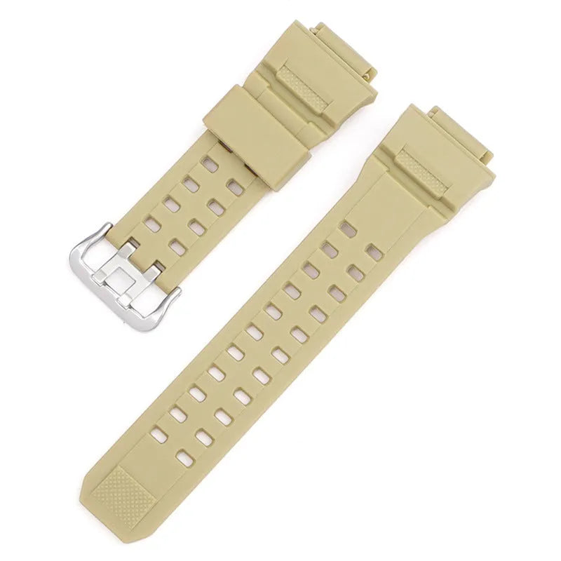 Camouflage pattern TPU watch strap with silver buckle closure shown in multiple colour options