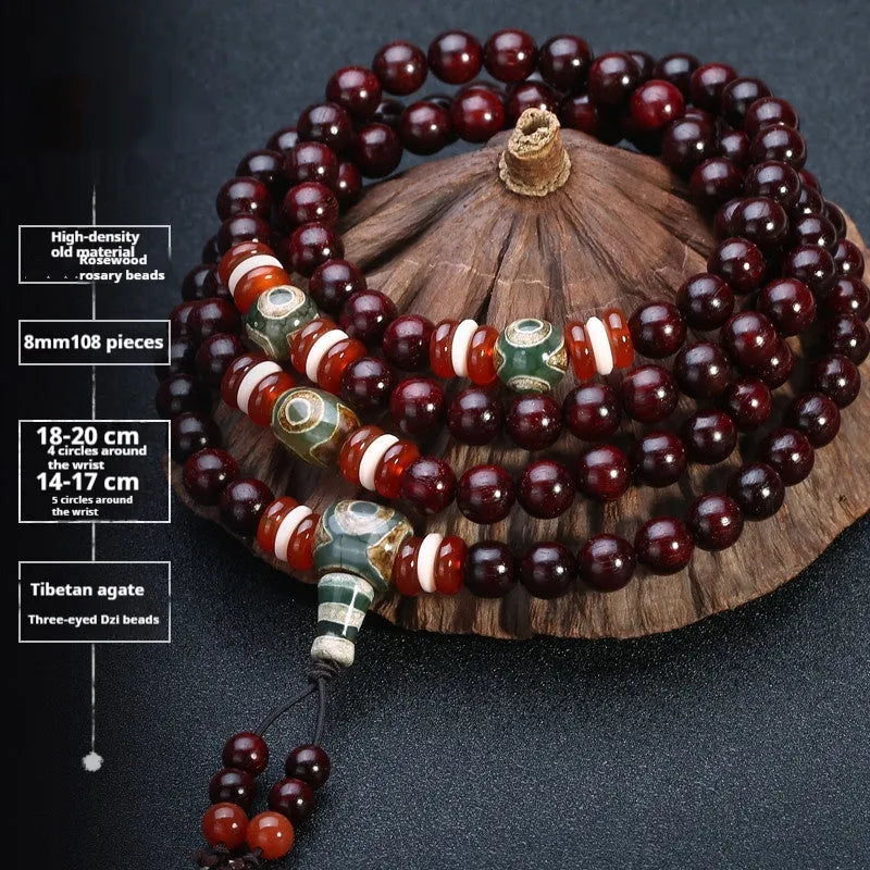 Men's rosewood bead bracelet with 108 beads, shown in a choice of lapis lazuli, turquoise, or red agate styles.