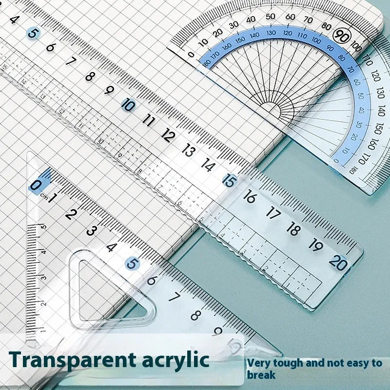 Youpai transparent acrylic drawing ruler set with square protractor on a technical drawing.