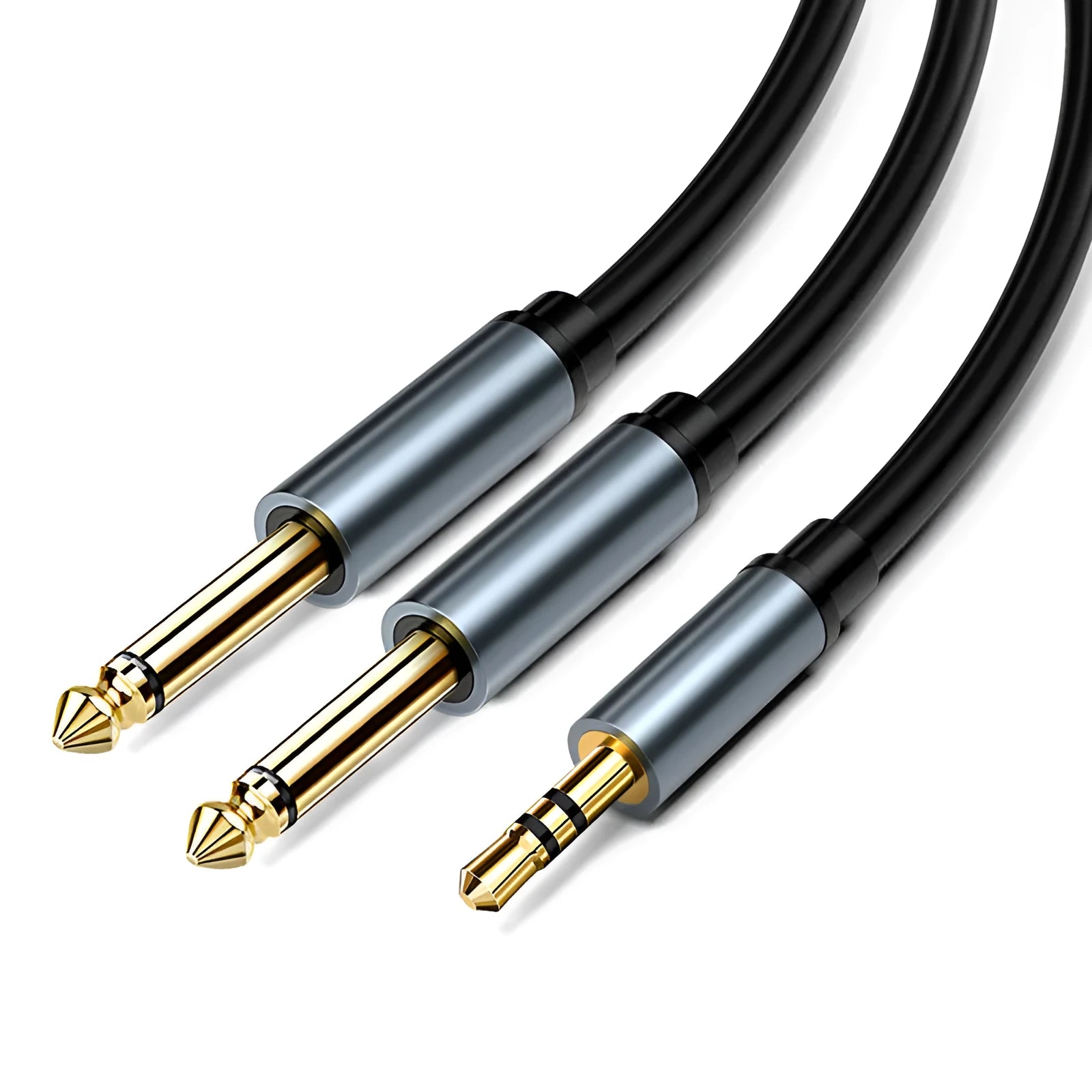 3.5mm to 6.35mm male-to-male stereo audio cable with gold-plated connectors on a black background.