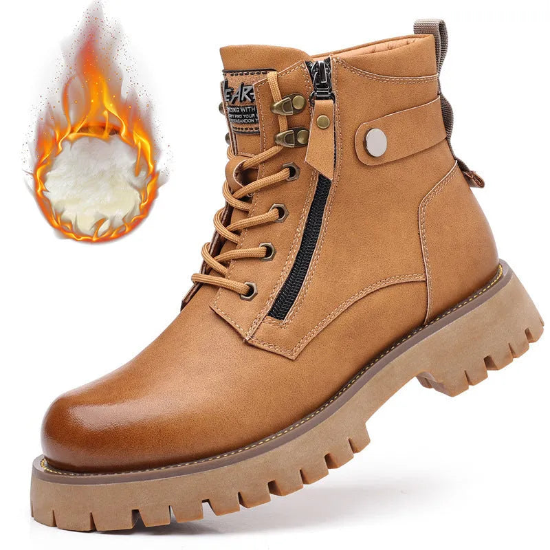 Men's brown leather high-top Martin boots with side zipper and round toe