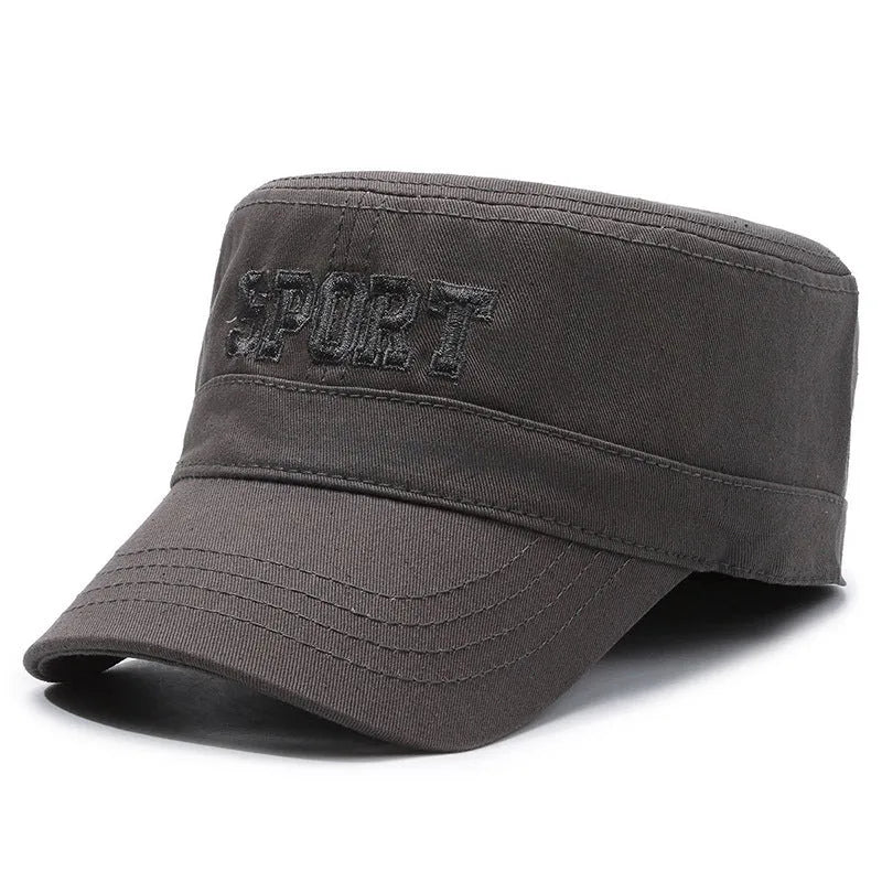 Men's flat-top cotton peaked cap with adjustable strap in army green colour