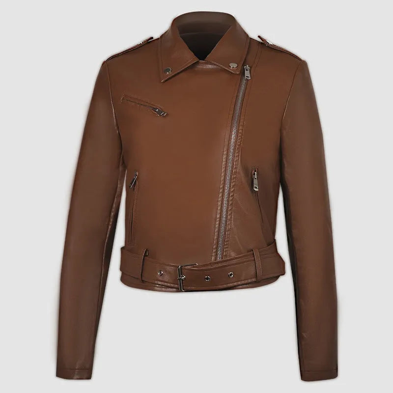 Red women's PU leather motorcycle jacket with a silver lapel short belt fastened at the waist.
