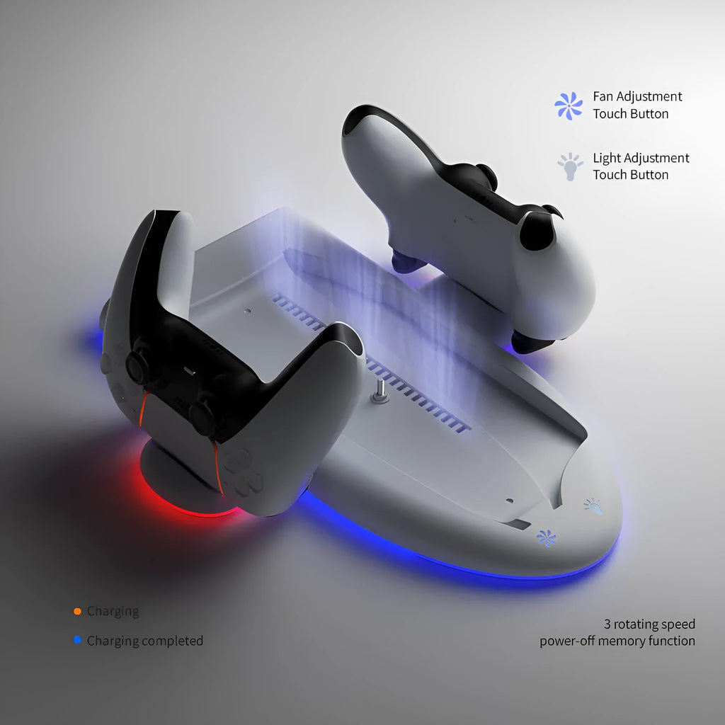 PS5 Slim multifunction cooler pad fan with integrated charger and RGB ambient lighting in white