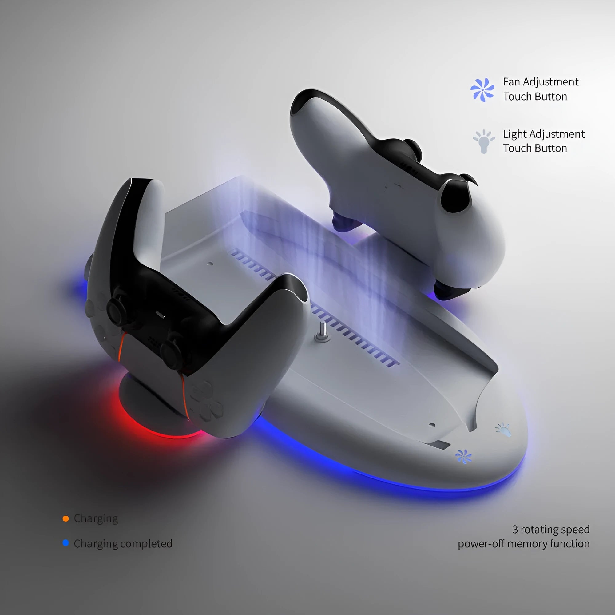PS5 Slim multifunction cooler pad fan with integrated charger and RGB ambient lighting in white