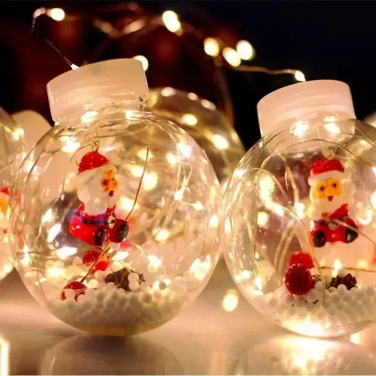 LED Christmas curtain light string with 10 wishing ball lamps showing snowman, Christmas tree and elder designs