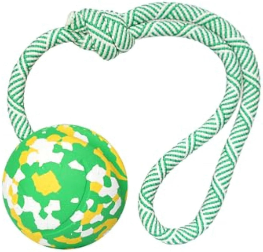 Natural rubber dog ball attached to a nylon rope for fetch and tug of war play.