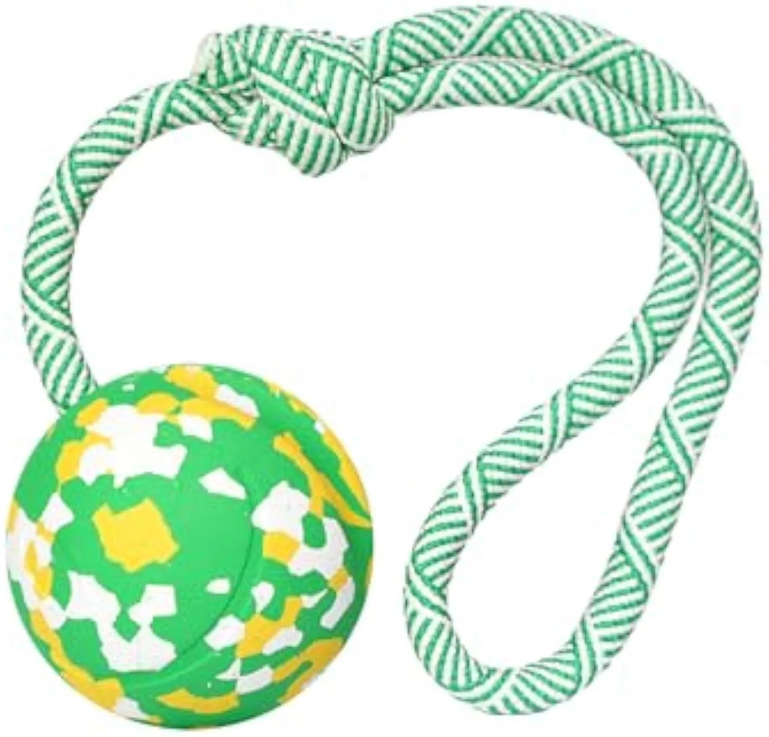 Natural rubber dog ball attached to a nylon rope for fetch and tug of war play.