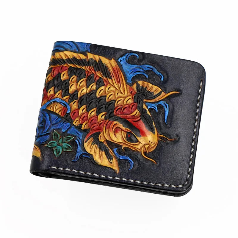 Men's hand-carved cow leather short wallet in red, blue, and gold colour options.
