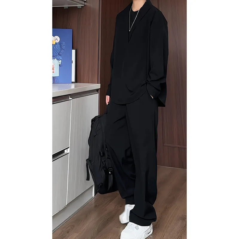 Men's black long sleeve polo shirt and trousers two-piece casual suit on hanger