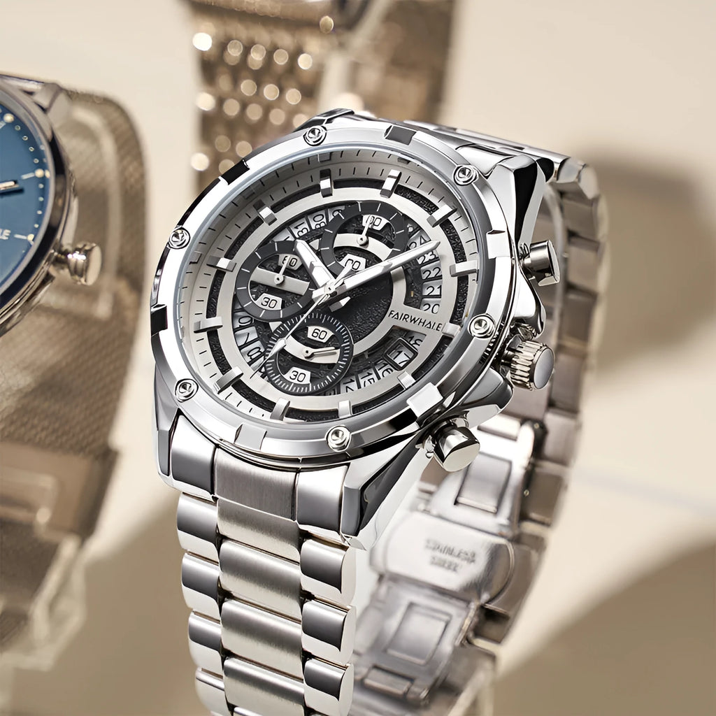 Men's waterproof luminous quartz watch with steel strap in black and blue colour variant