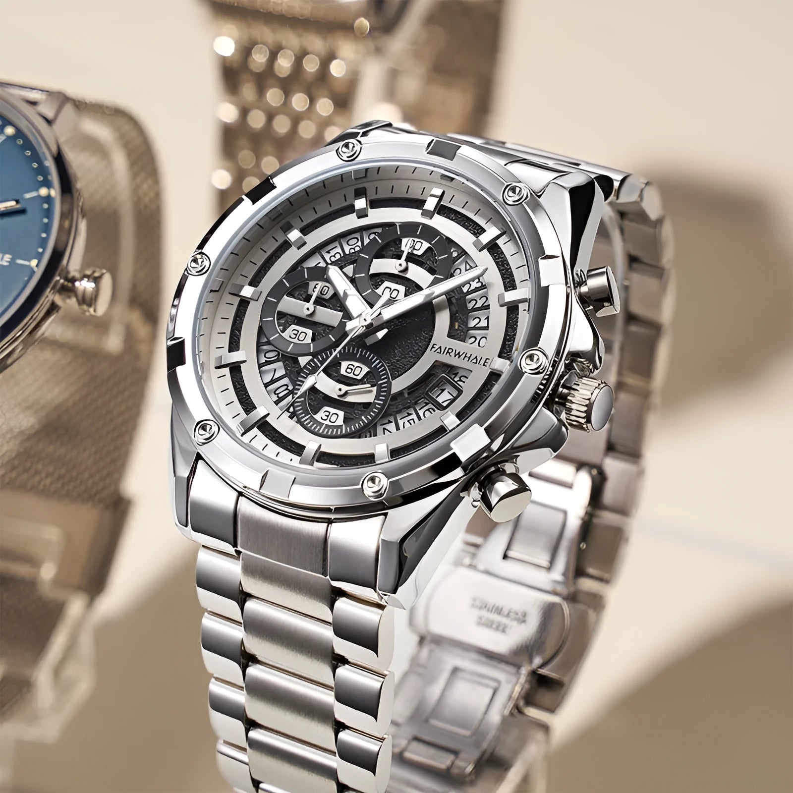 Men's waterproof luminous quartz watch with steel strap in black and blue colour variant