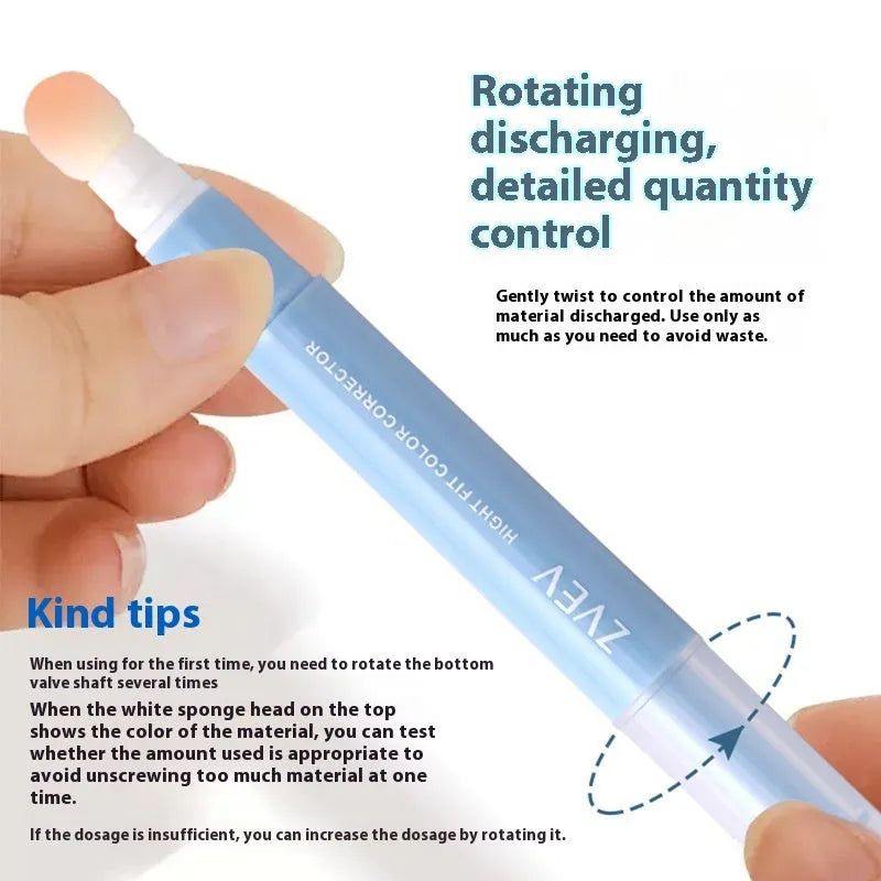 Concealer pen with sponge brush head applicator showing brightening, pink flesh, and flesh colour shades.