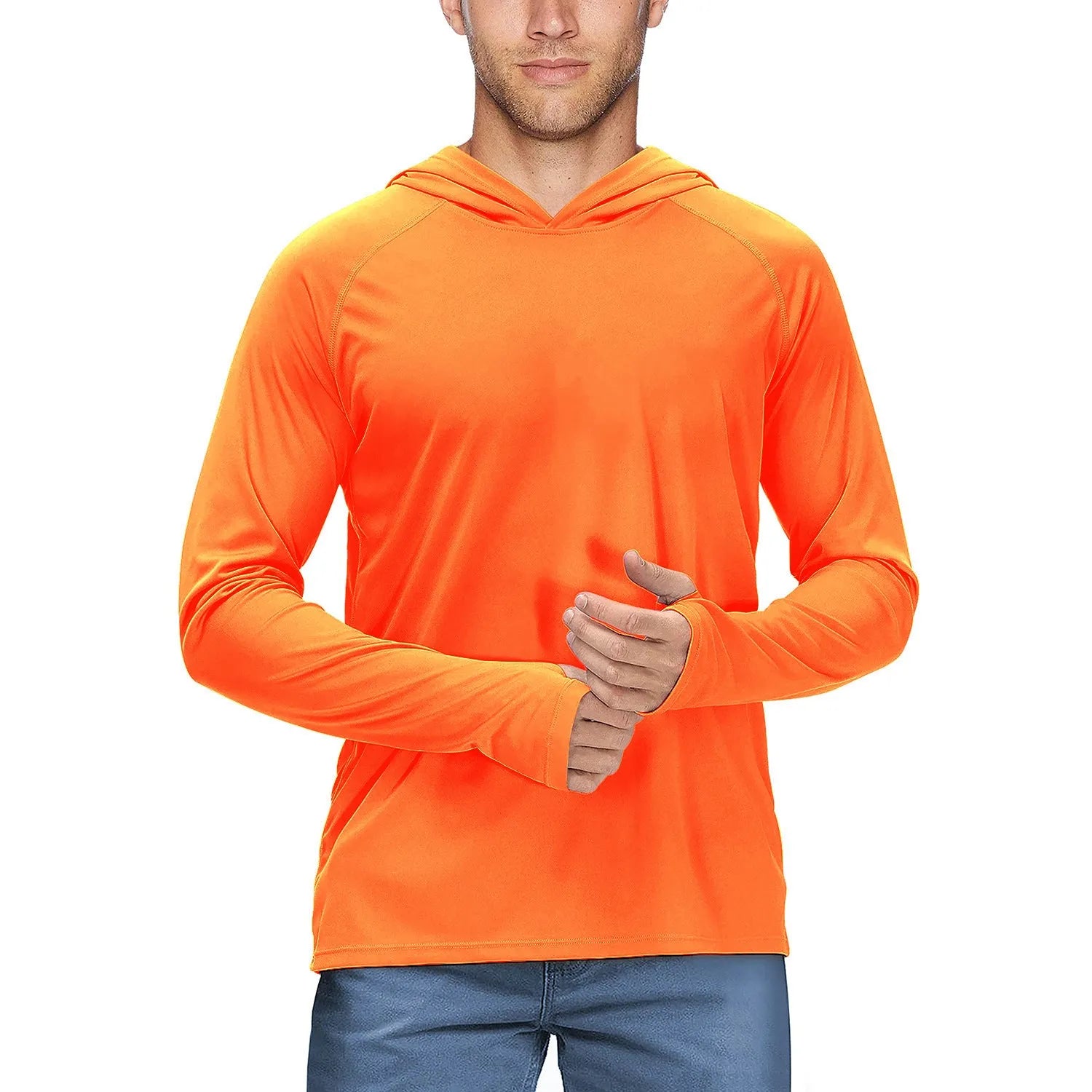 UPF50 hooded slim fit sun protection fishing suit in fluorescent green, polyester quick-dry fabric, available in multiple colours and sizes
