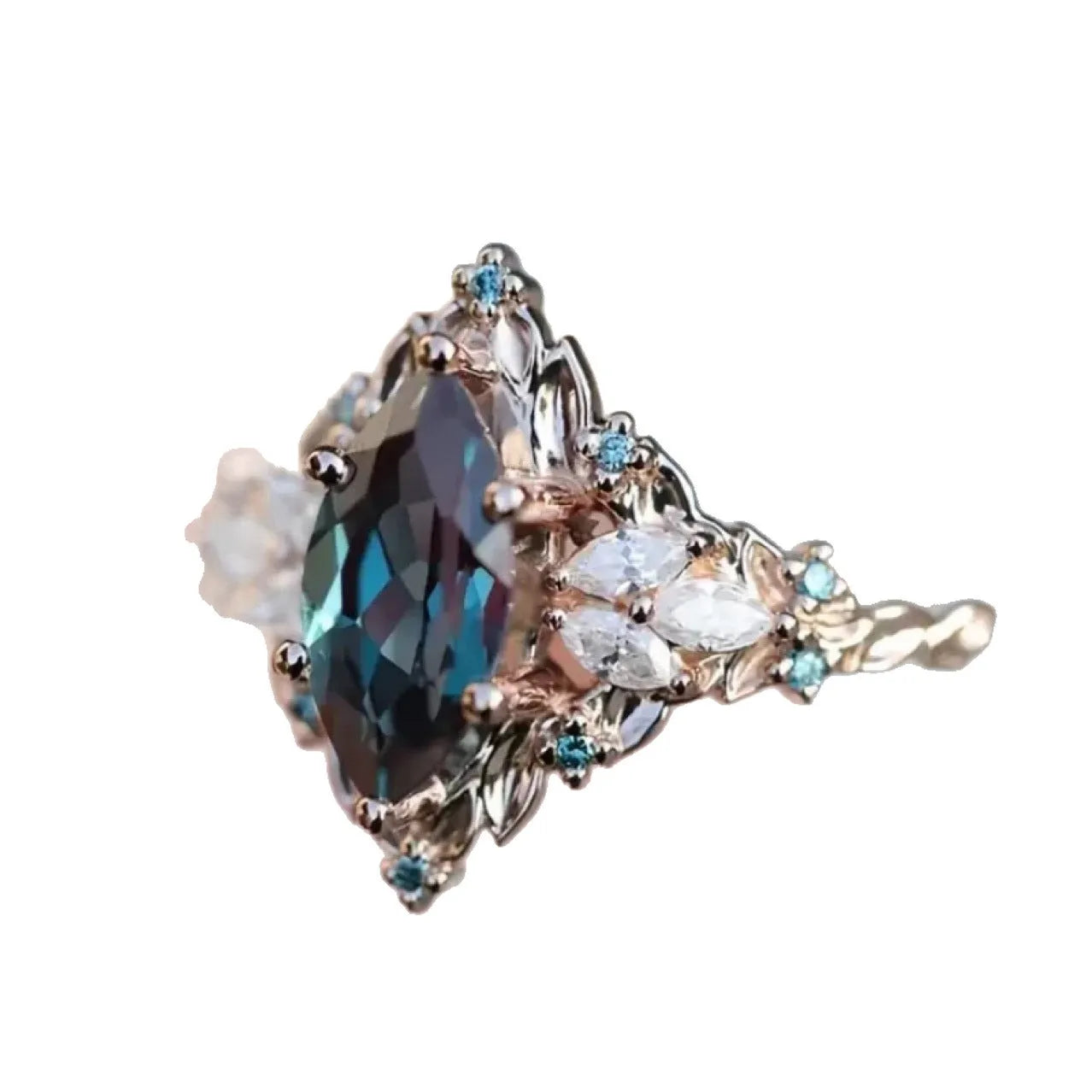 Retro hollow-out brushed ring for women in rose gold copper with inlaid zircon and leaf details