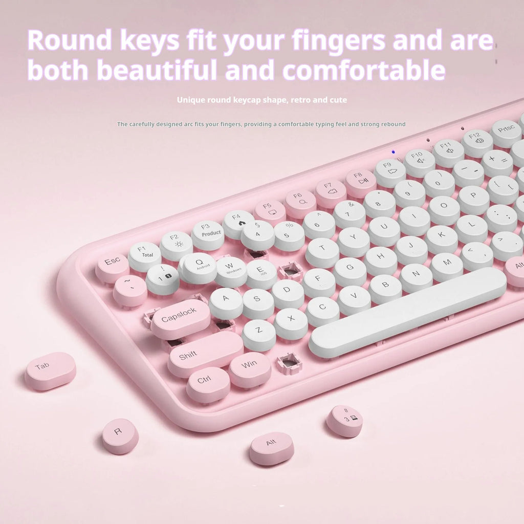 Pink wireless Bluetooth keyboard with 84 keys and compact 339mm design