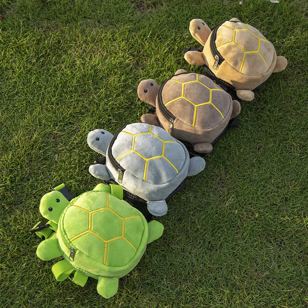 Cartoon turtle shape dog backpack with harness vest in velvet material showing 20x18cm capacity