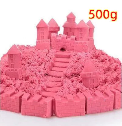 Kinetic space sand in multiple colours including blue, green, orange, pink, purple, red, rose, and sand colour in plastic bag packaging