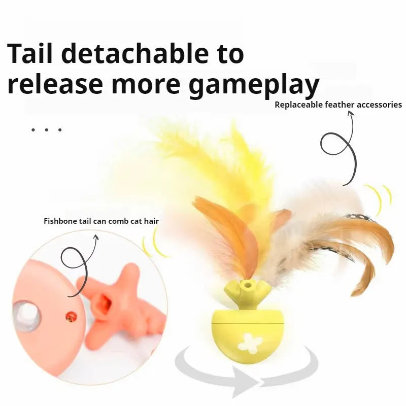 USB electric cat teasing ball with fish bone design and separate feather wand attachment in blue, pink, or yellow