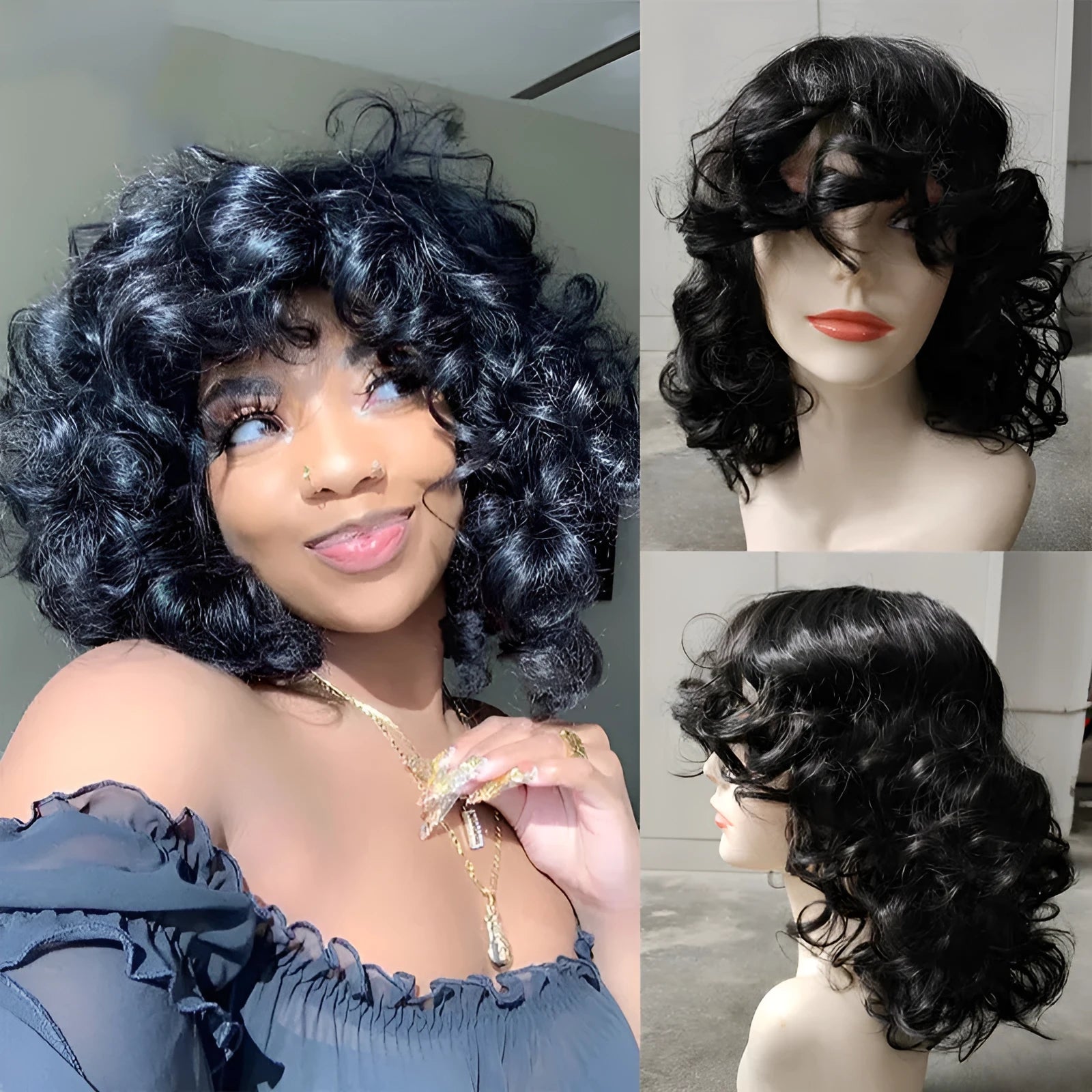 Black synthetic afro wig with long curly African style texture on display