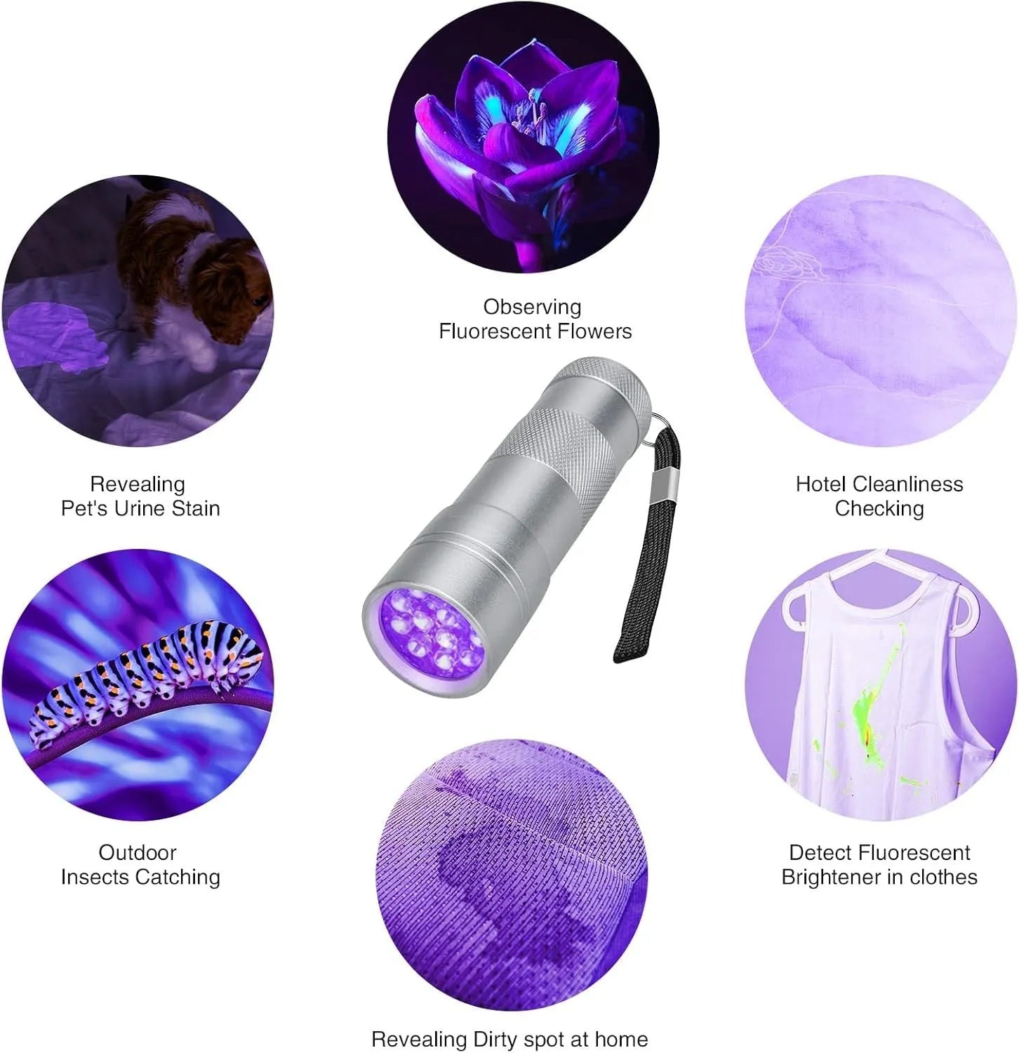 Black or silver aluminium UV flashlight for detecting pet stains and insects.
