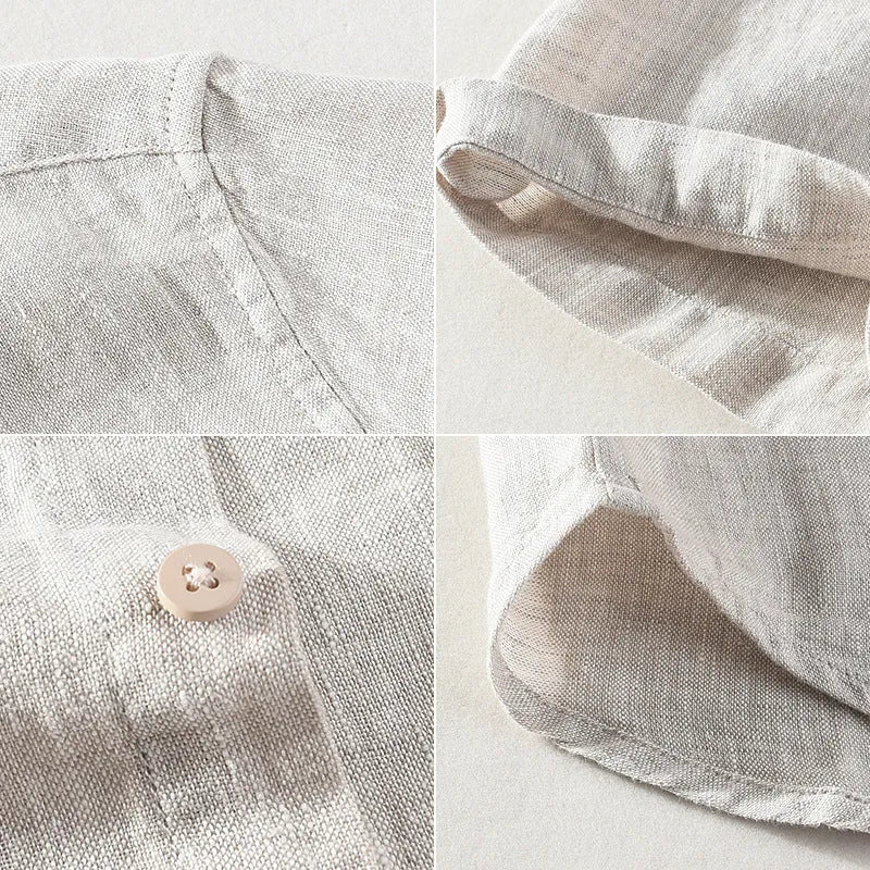 Men's square collar short sleeve linen shirt in raw jute colour on a hanger