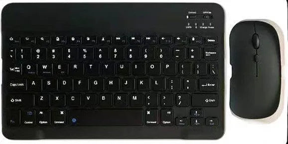 10-inch solid colour Bluetooth keyboard and rechargeable dual-mode mouse set on a desk.