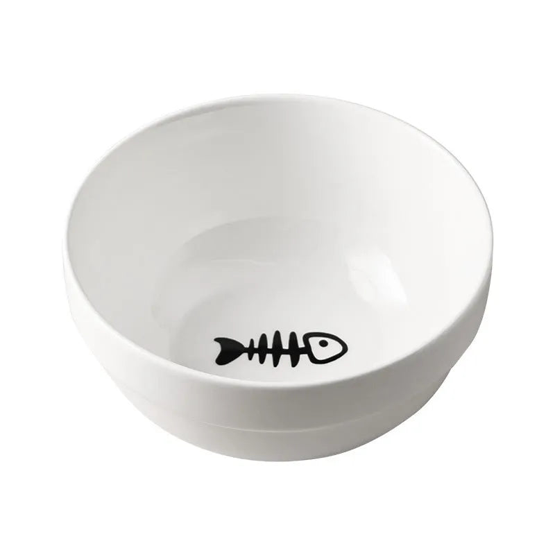 White ceramic cat bowl with decorative patterns on iron frame with cat ear details