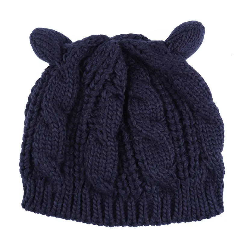 Hand-knitted wool beanie with 3D cat ears in multiple colour options