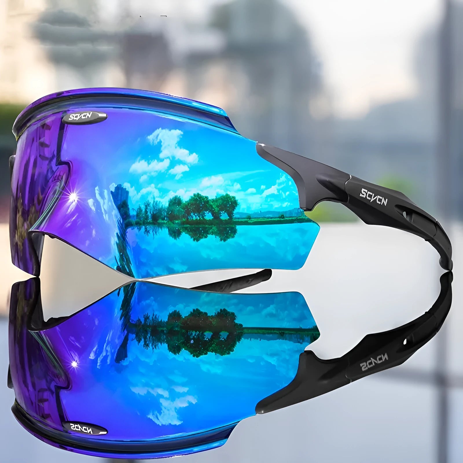 Frameless athletic windproof glasses with colourful integrated lens in sports design
