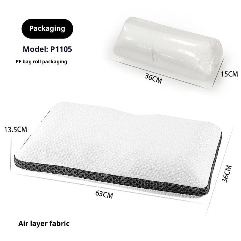 Household cervical memory foam pillow in white and blue, 63x36x13.5cm, with contoured neck support shape