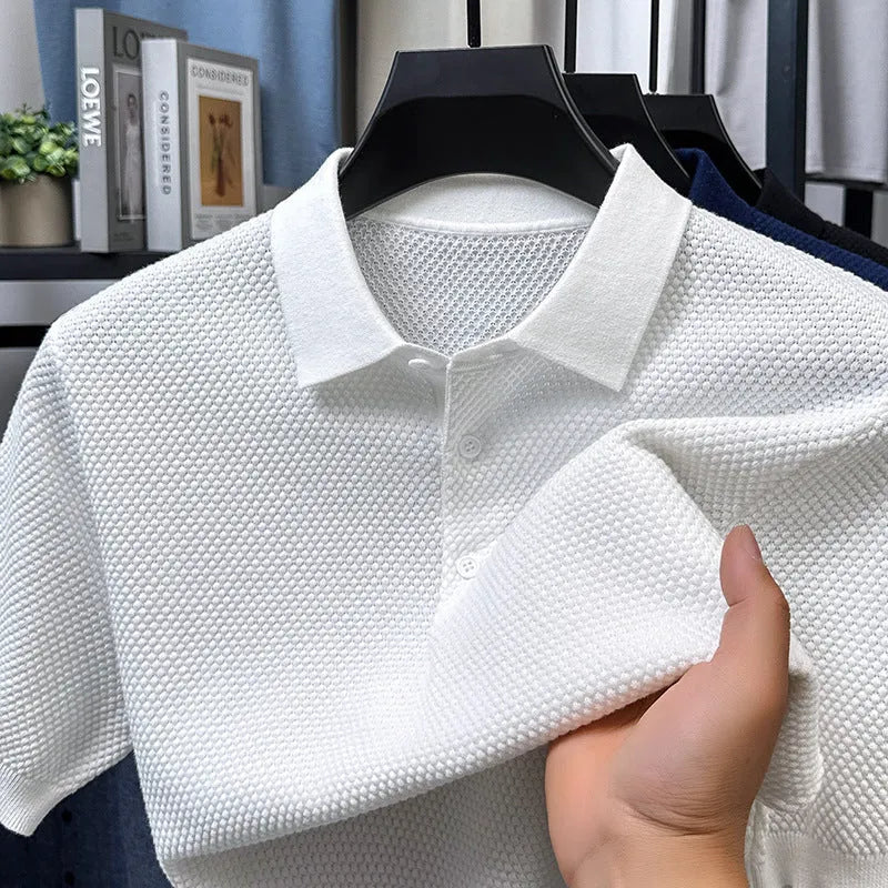 Men's loose fit cotton short sleeve sweater in six colour options showing pullover style