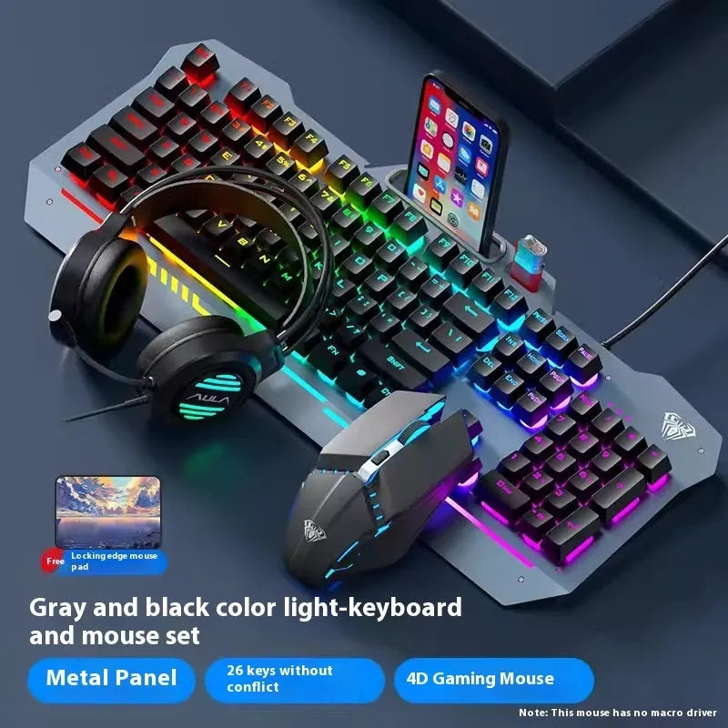 Black and white wired keyboard mouse headset bundle for desktop computer setups