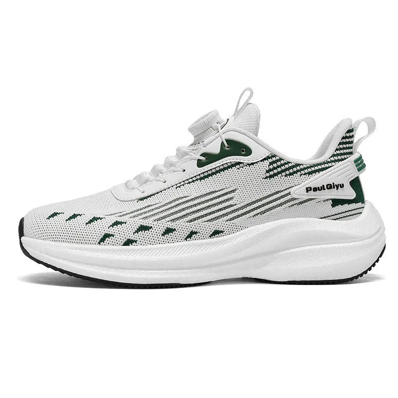 Men's white green rotating buckle Fly-kit mesh sports running shoes with TPU popcorn sole