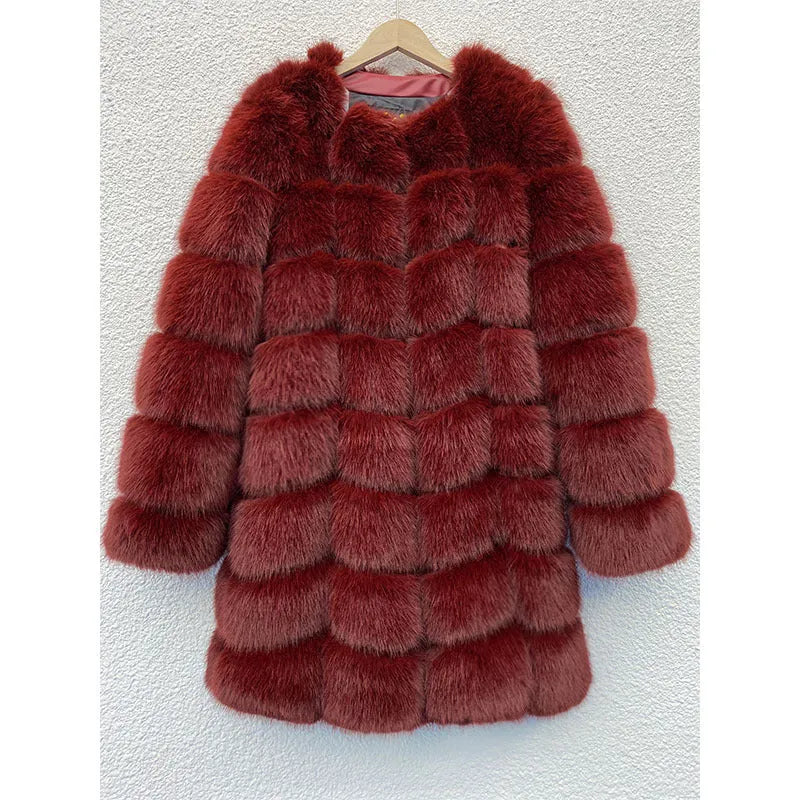 Women's thick black artificial fur coat with regular sleeves and 80cm length