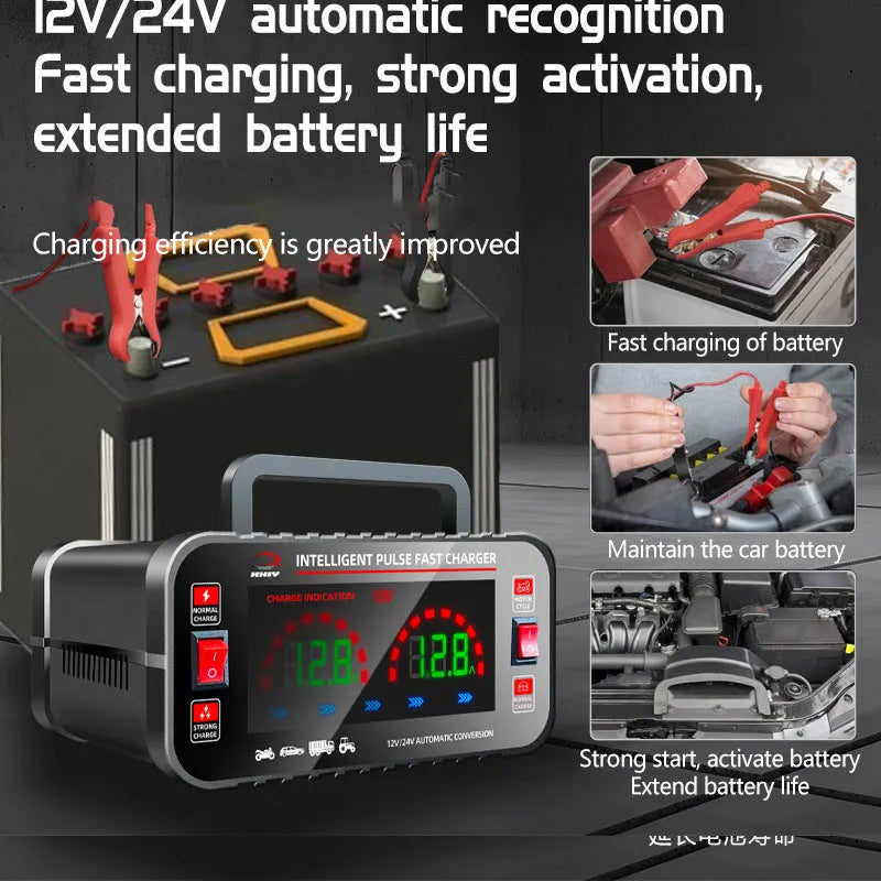 Full-automatic intelligence motorcycle car battery charger black with UK plug for lead acid batteries