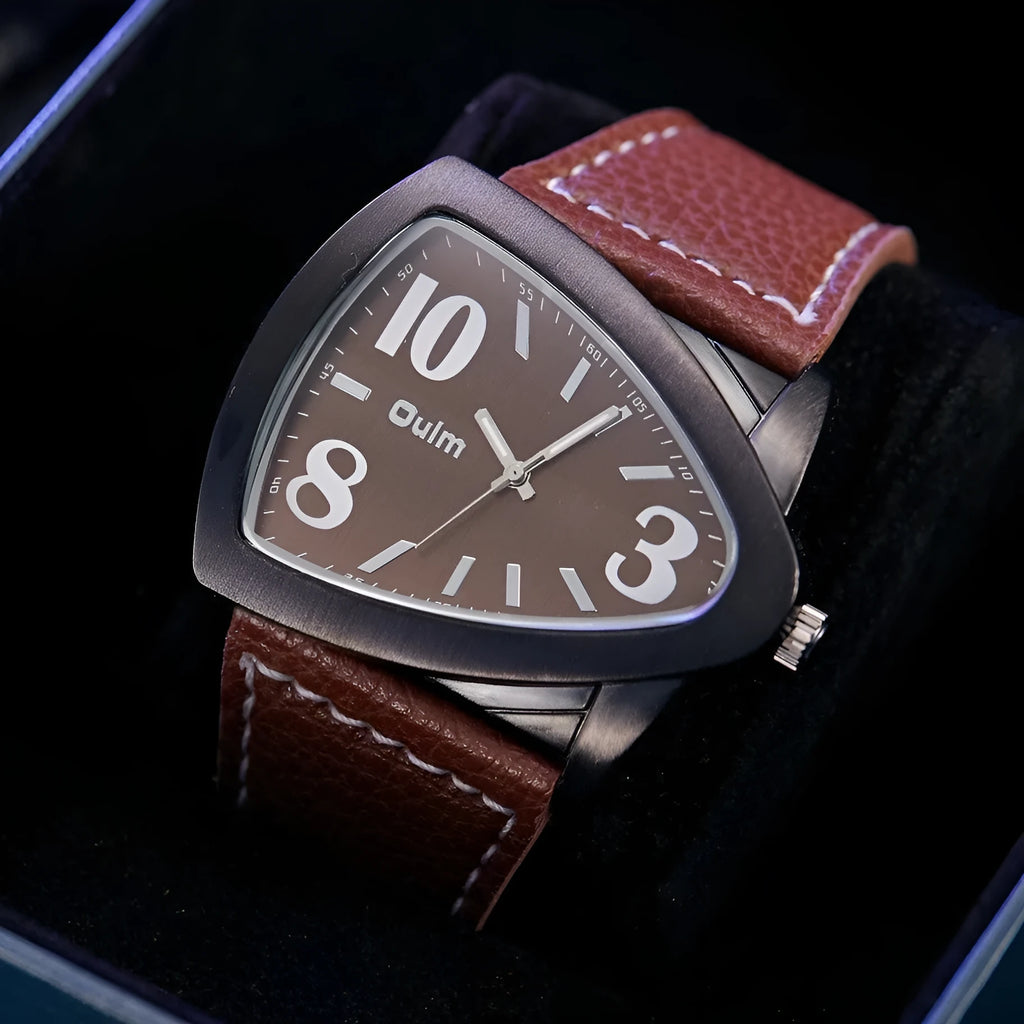 Men's casual watch with a distinctive triangular belt strap and a slim 9mm case, shown in brown colour.