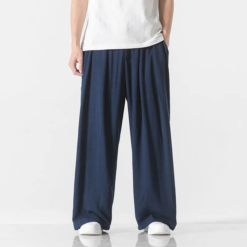 Men's linen straight casual trousers in beige, drawstring waist, crumple texture, full length view