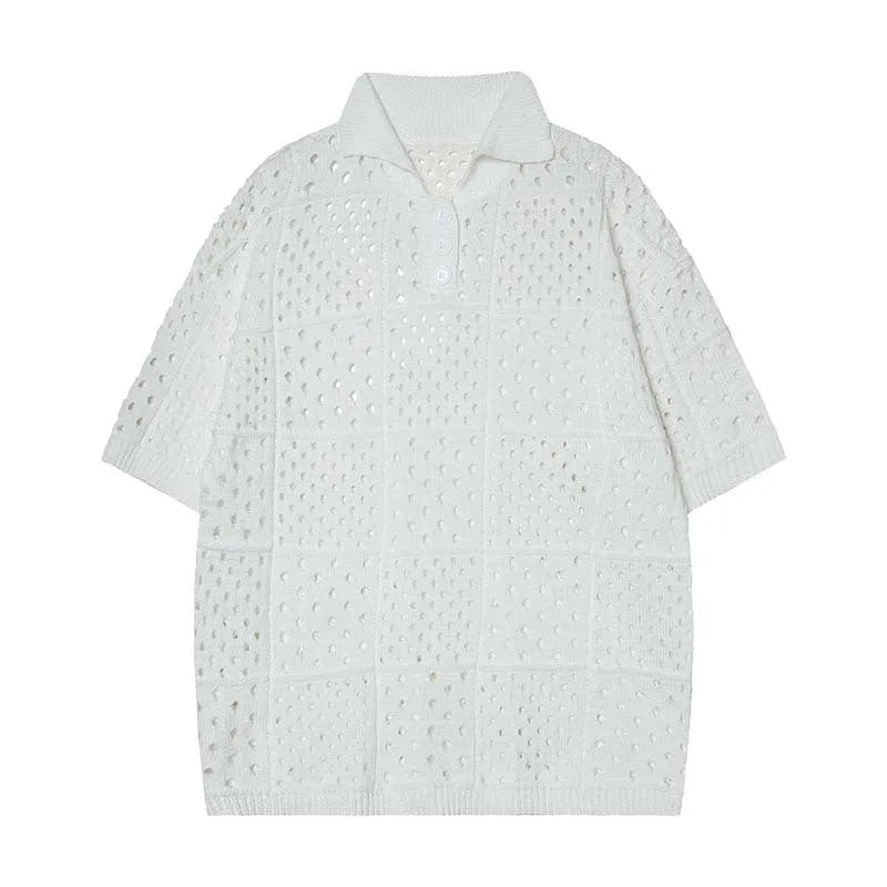 Solid colour short-sleeved polo shirt with hollow knit fabric and loose cardigan style