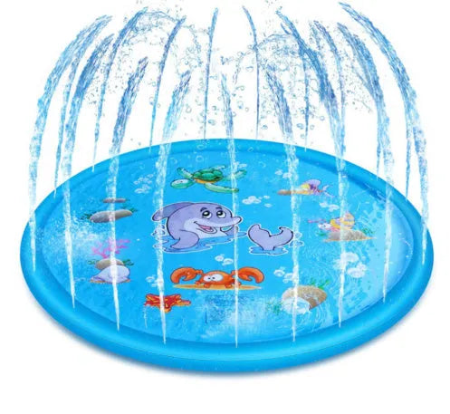 Blue PVC children's water spray play mat with marine animal print, shown on grass.
