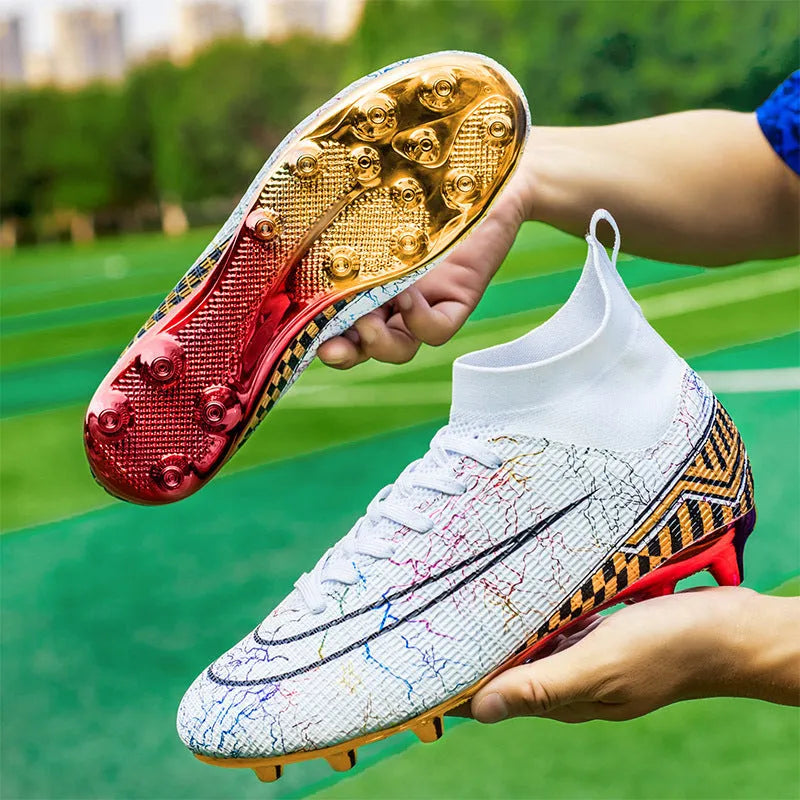 High-top soccer training shoes with gold-plated sole in synthetic leather and mesh construction