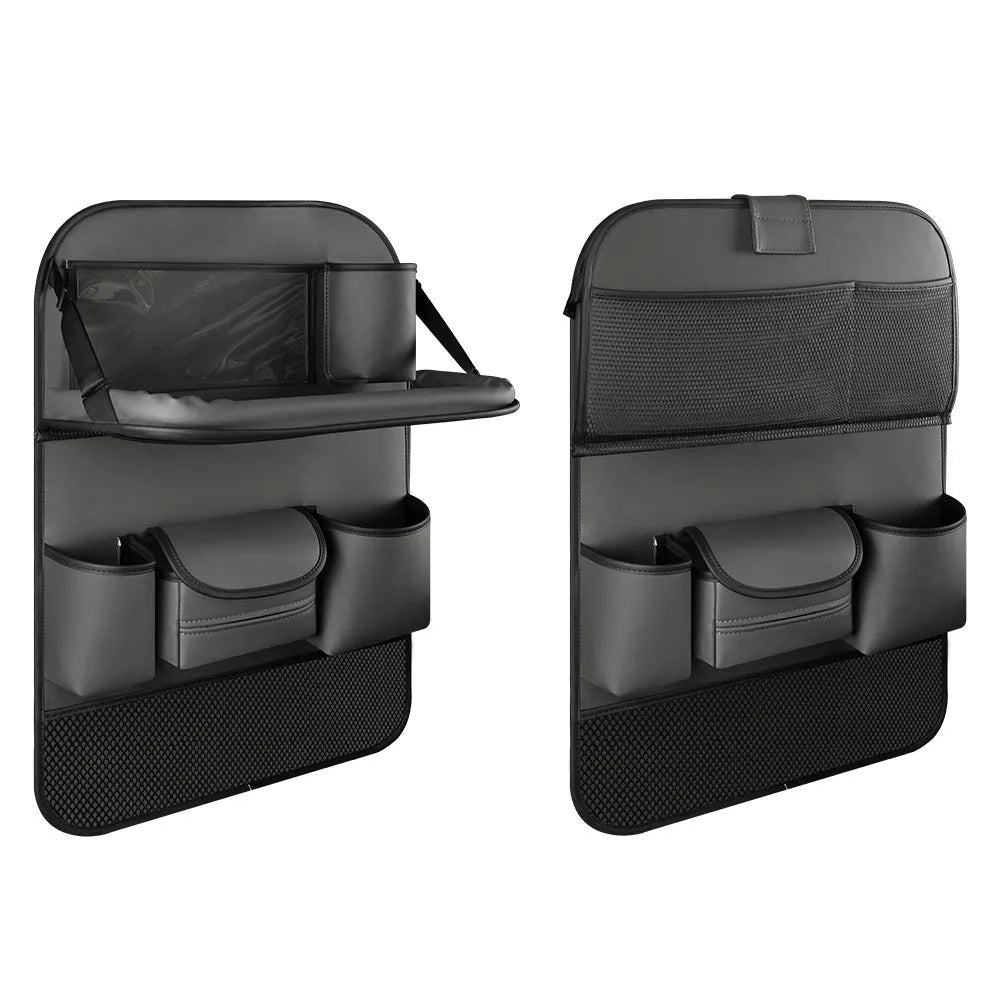 Car seat back storage bag with foldable dining table in leather, waterproof and pressure resistant, high grade gray colour