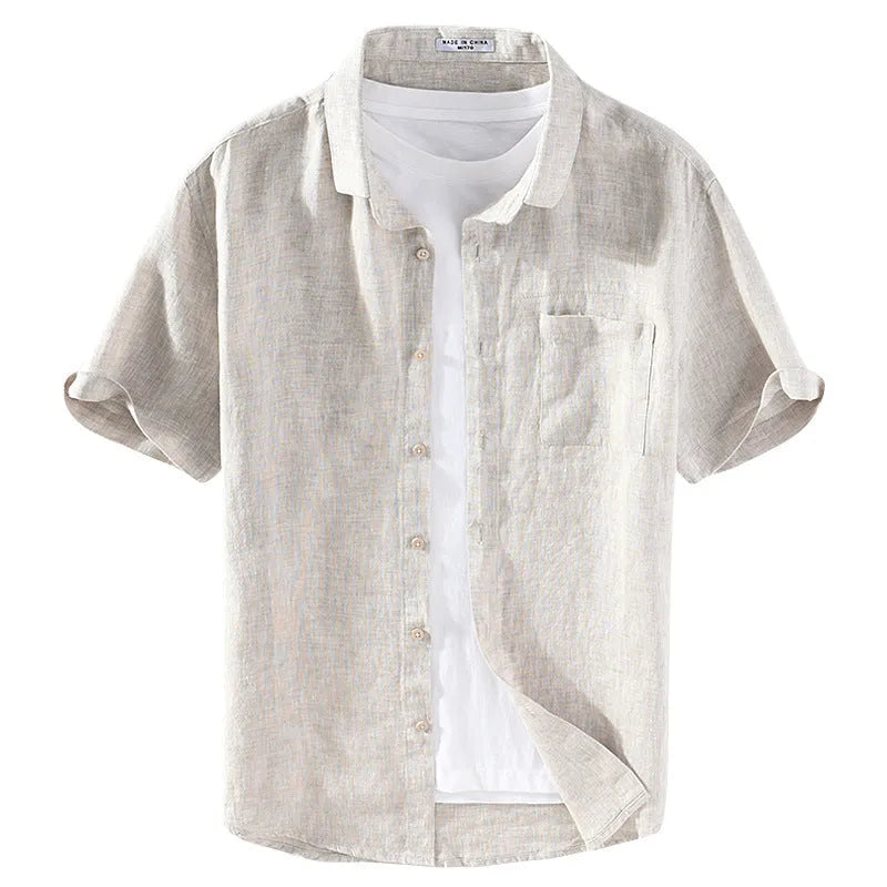 Men's square collar short sleeve linen shirt in raw jute colour on a hanger