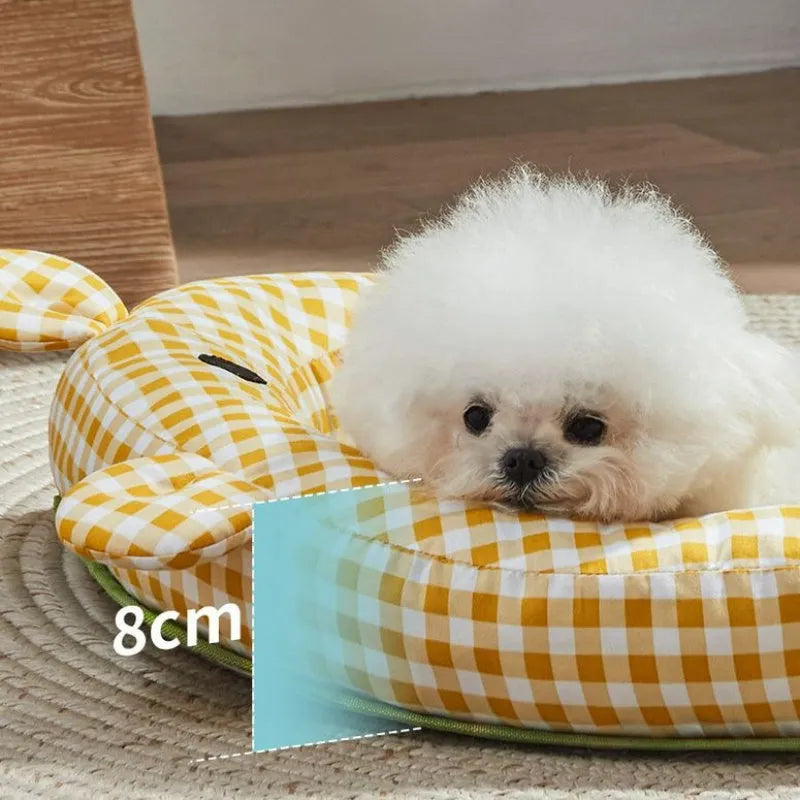 Green and yellow four-season dog and cat bed mattress ice pad shown in four different sizes.