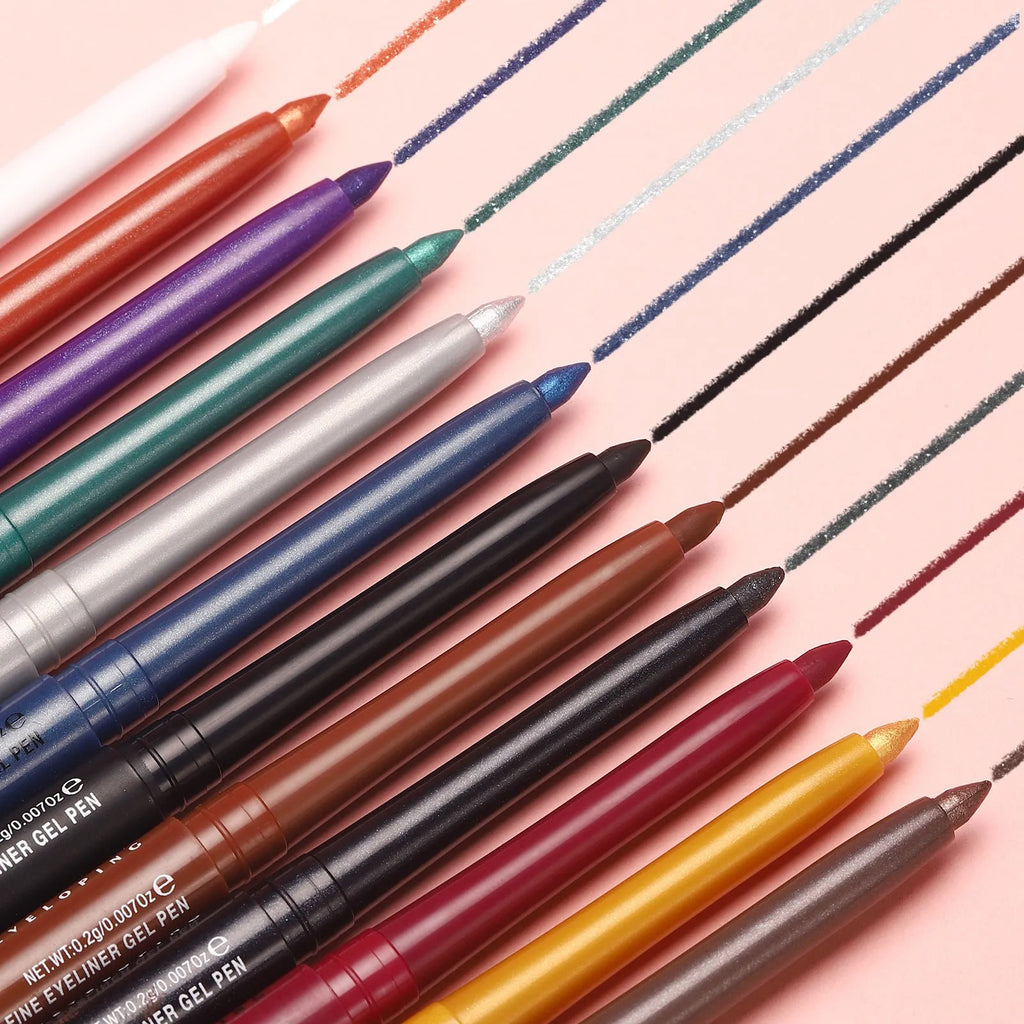 12 colourful gel eyeliner pencils with matte, glitter, metallic and pearl effects displayed together