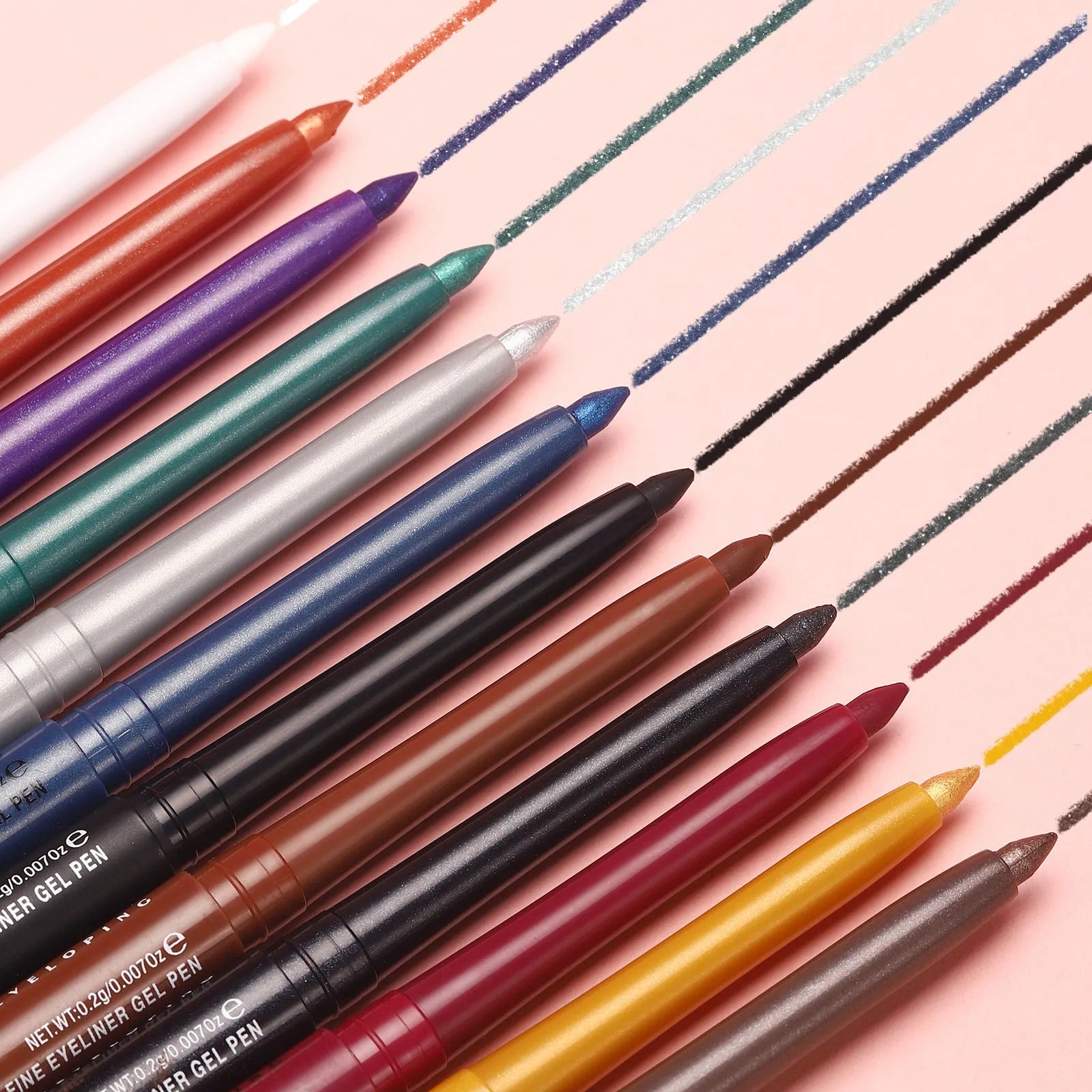 12 colourful gel eyeliner pencils with matte, glitter, metallic and pearl effects displayed together