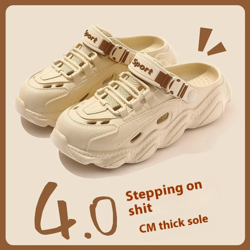 Men's khaki outdoor slippers with hollow out design and EVA non-slip sole