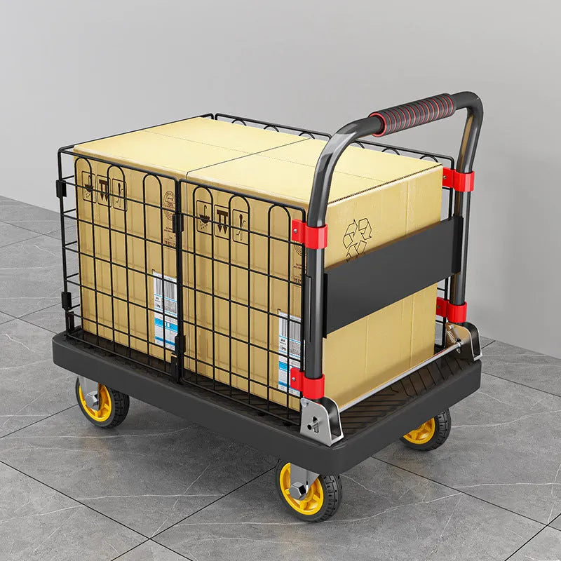Black folding platform truck with fence, 72x48 cm, 500 kg capacity, mute bearing, engineering plastic construction
