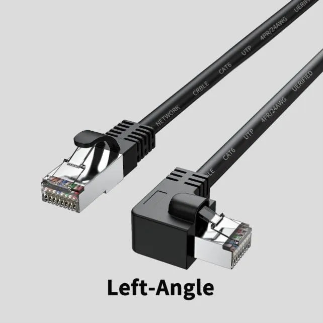 Cat6 Ethernet cable with angled RJ45 connectors in various colours and lengths on a grey background